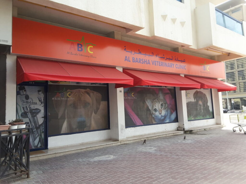 Large window displays at Al Barsha Veterinary Clinic featuring images of pets